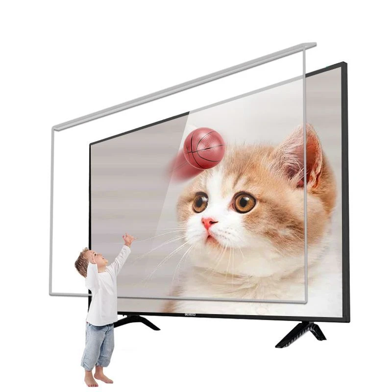 Clear acrylic TV screen protector installed on a flat-screen television to prevent damage from children playing with a ball