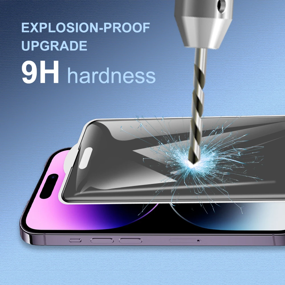 An explosion-proof 9H hardness tempered glass screen protector undergoing a metal drill bit scratch resistance test