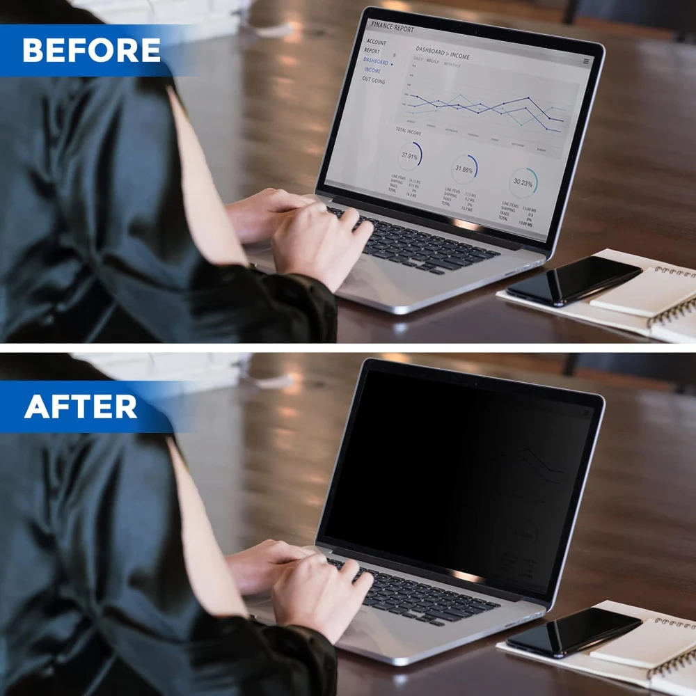 A side-by-side comparison of a laptop screen with and without a magnetic privacy filter, showing the screen blackout effect for data security