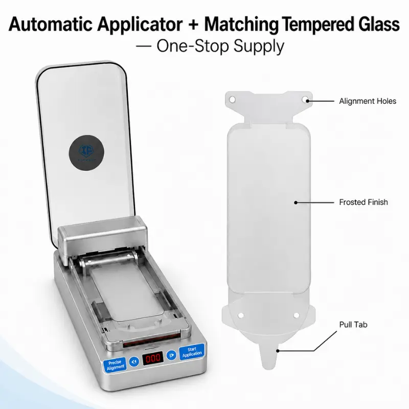 Automatic screen protector applicator with matching frosted tempered glass and alignment holes